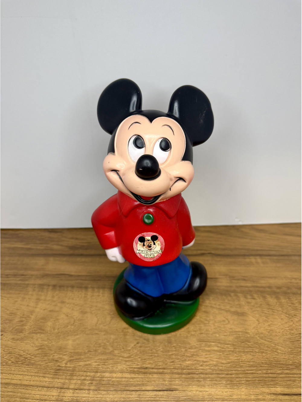 Vintage Disney Mickey Mouse Plastic Coin Bank Figure – Red Shirt Green Base
